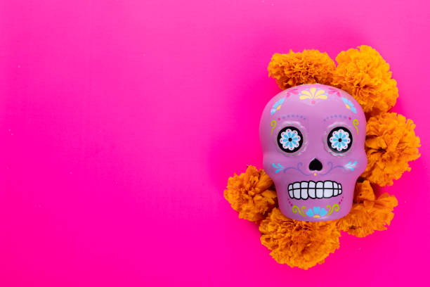 istock typical Mexican skull and cempazuchitl flowers on white background. 1318928007