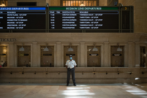 Manhattan, New York. May 07, 2021. Security guard at Grand Central Terminal.