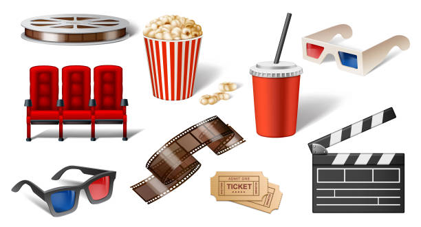 Cinema Set Cinema vector illustration set. Cinema and movie set. Popcorn, cinema seats, 3d glasses, tickets, film, cola, film reel. red spectacles stock illustrations