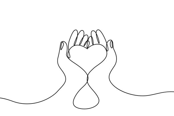 Continuous drawing line art of heart in hands. Hand drawn one line. Concept of volunteering, charity and donation. Give and share your love Vector illustration infinity heart stock illustrations