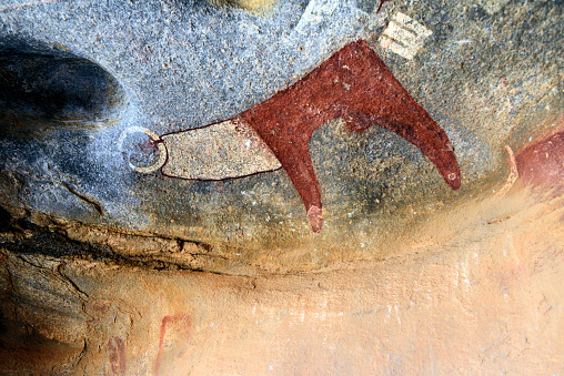Laas Geel, Maroodi Jeex region, Somaliland, Somalia: open air cave paintings located in a red granite rock massif near Hargeisa - image of an auroch (Bos primigenius), ancestor of taurine cattle, dating between 4000 BC and 3000 BC.
