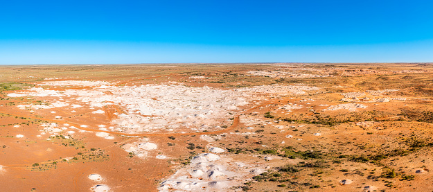 Aerial Panoramic view of the Opal mines of Coober Pedy, South Australia.