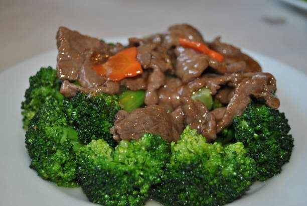 istock Close up of a beef and broccoli dish on a white plate 1318934340