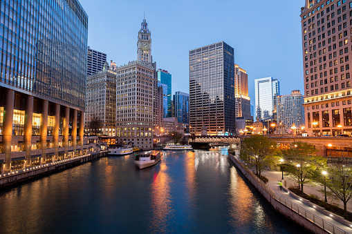 Downtown Chicago Skyscraper Cityscape along the Chicago River, Illinois, USA.