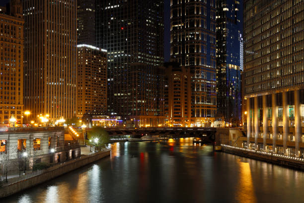 istock Chicago Cityscape along Chicago River at Night, Illinois 1318936050