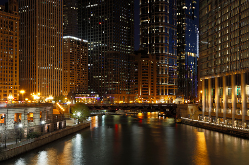 Downtown Chicago Skyscraper Cityscape along the Chicago River, Illinois, USA.