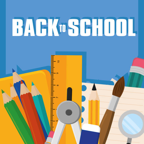 ilustrações de stock, clip art, desenhos animados e ícones de back to school poster with school supplies - backpack student report card education