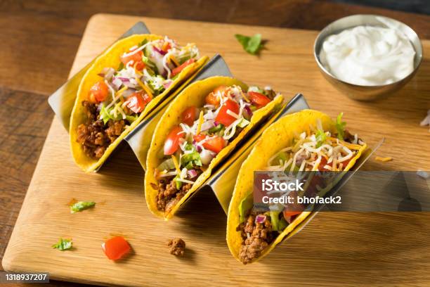 Homemade Ground Beef Hard Shell Tacos Stock Photo - Download Image Now - Beef Taco, Taco, Ground Beef