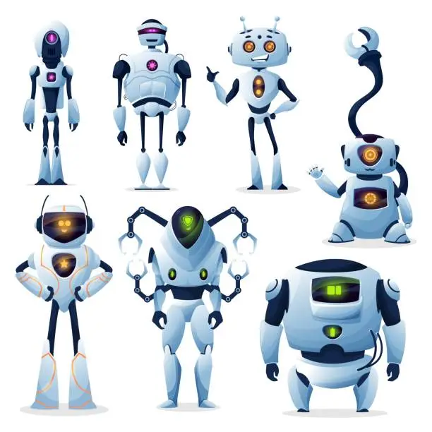 Vector illustration of Cartoon robots, cyborgs and android bots