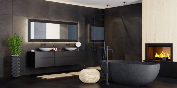istock Modern minimalist bathroom with fireplace 1318945017