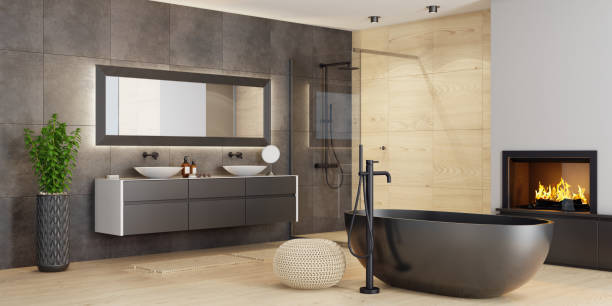 istock Modern minimalist bathroom with fireplace 1318945072