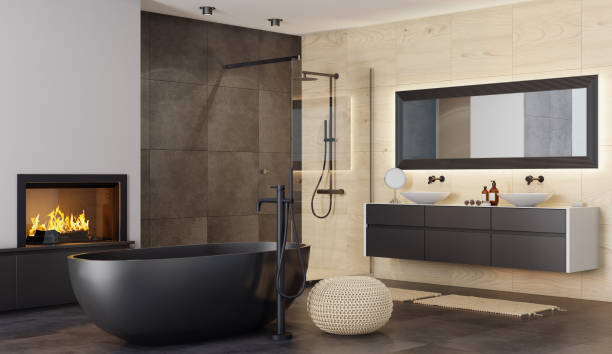 istock Modern minimalist bathroom with fireplace 1318945222