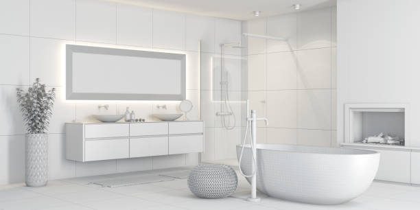 istock Blank no textures Modern minimalist bathroom with fireplace 1318946326