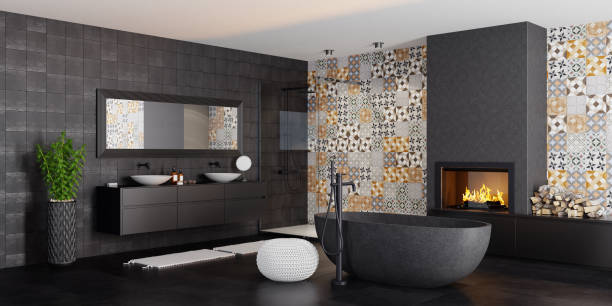 istock Modern minimalist bathroom with fireplace 1318946886