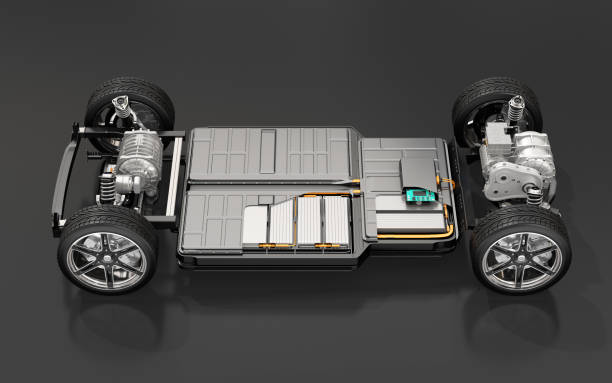 Cutaway view of Electric Vehicle Chassis with battery pack on black background Cutaway view of Electric Vehicle Chassis with battery pack on black background. 3D rendering image. lithium ion battery stock pictures, royalty-free photos & images