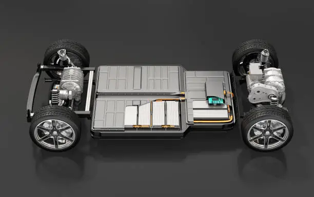 Cutaway view of Electric Vehicle Chassis with battery pack on black background. 3D rendering image.