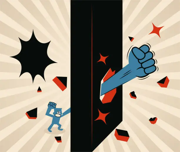 Vector illustration of One businessman punching and breaking through a wall with his powerful fist, breakthrough and revolution and breaking the rules concept