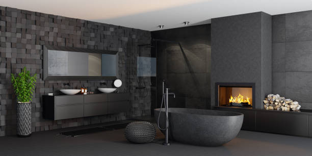 istock Modern minimalist bathroom with fireplace 1318947950