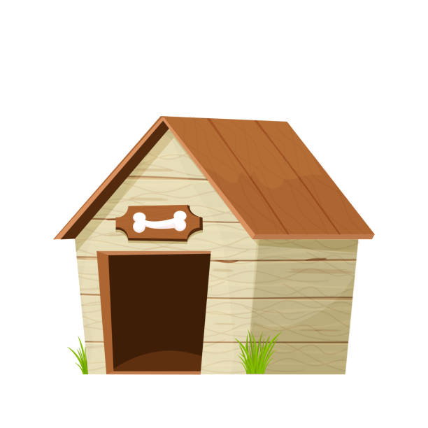 zabawny doghouse, drewniana hodowla w stylu kreskówki odizolowana na białym tle. komiks dziecinna konstrukcja z dachem i miską z kością - hut cabin isolated wood stock illustrations