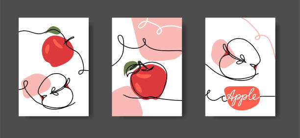 アップルの果物、ウォールラインアートの装飾。●ベクターイラストセット、キッチンやカフェ用赤いリンゴの連続ラインデコレーション1種 - apple outline red vector点のイラスト素材／クリップアート素材／マンガ素材／アイコン素材