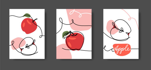 stockillustraties, clipart, cartoons en iconen met appelvruchten, de decor van de muurlijnkunst. reeks vectorillustraties, één ononderbroken lijndecoratie van rode appels voor keuken of koffie - apple fruit