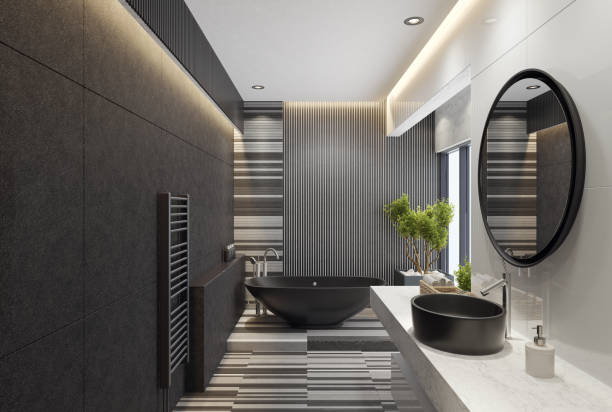 istock Modern minimalist bathroom with round mirror and long wood planks 1318949834
