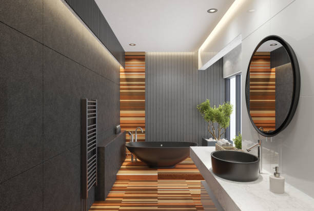 istock Modern minimalist bathroom with round mirror and long wood planks 1318949849