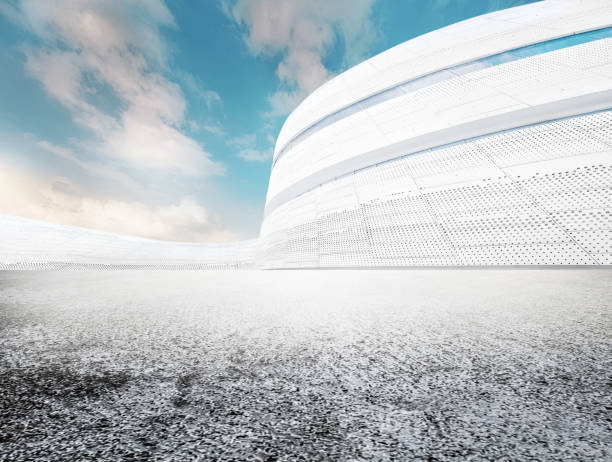 istock Arc white building and asphalt pavement square under the blue sky, car advertisement synthetic creative background. 1318949893