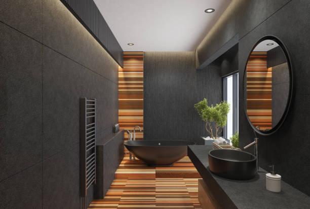istock Modern minimalist bathroom with round mirror and long wood planks 1318949967