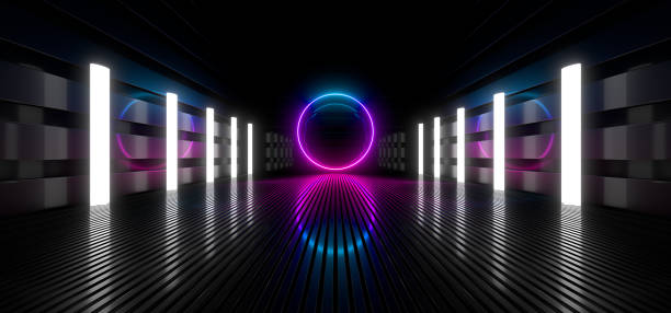 istock Sci Fy neon lamps in a dark hall. Reflections on the floor and walls. 3d rendering image. 1318950649