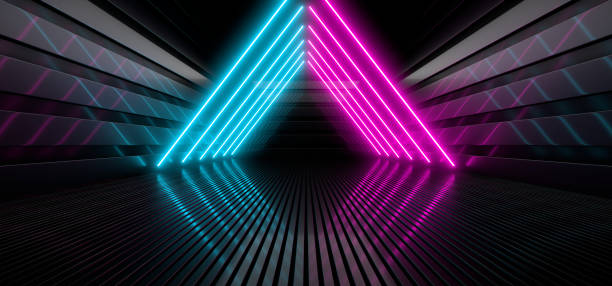 istock Sci Fy neon lamps in a dark hall. Reflections on the floor and walls. 3d rendering image. 1318950812