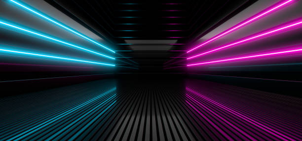 istock Sci Fy neon lamps in a dark hall. Reflections on the floor and walls. 3d rendering image. 1318950835