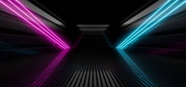 istock Sci Fy neon lamps in a dark hall. Reflections on the floor and walls. 3d rendering image. 1318950842
