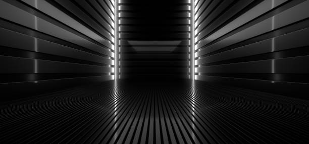 istock A dark hall lit by white neon lights. Reflections on the floor and walls. 3d rendering image. 1318951469