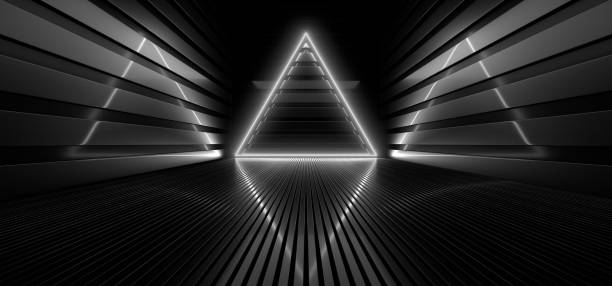 istock A dark hall lit by white neon lights. Reflections on the floor and walls. 3d rendering image. 1318951494