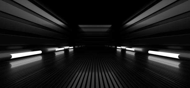istock A dark hall lit by white neon lights. Reflections on the floor and walls. 3d rendering image. 1318951504