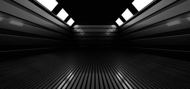 istock A dark hall lit by white neon lights. Reflections on the floor and walls. 3d rendering image. 1318951514