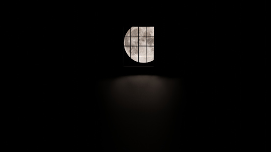 Dark room with light and shadow from the full moon (3D Rendering)