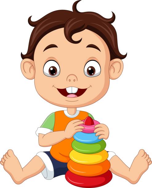 мультфильм маленький мальчик играет с красочными пирамиды игрушка - rainbow preschooler baby child stock illustrations
