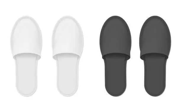 Vector illustration of Set realistic home hotel slippers vector illustration black and white domestic comfortable footwear