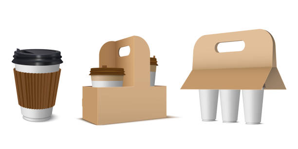 ホットコーヒーベクトルイラストのためのクラフト紙ボールホルダーのコレクションは、飲み物を奪う - scented bag drink box点のイラスト素材／クリップアート素材／マンガ素材／アイコン素材