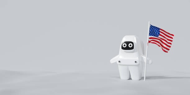 istock Cute 3d robot cartoon astronaut isolated on white background scene abstract. Artificial intelligence. 3d rendering for 4th of July celebration unit. Modern digital character bot holding American flag. 1318959487