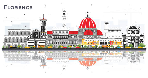 illustrazioni stock, clip art, cartoni animati e icone di tendenza di skyline della città di firenze italia con edifici a colori e riflessi isolati sul bianco. - firenze