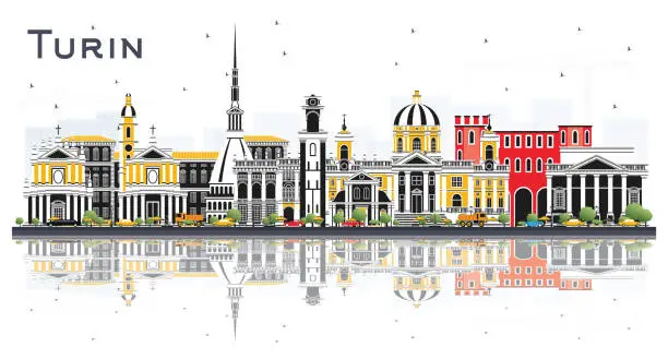 Vector illustration of Turin Italy City Skyline with Color Buildings and Reflections Isolated on White.