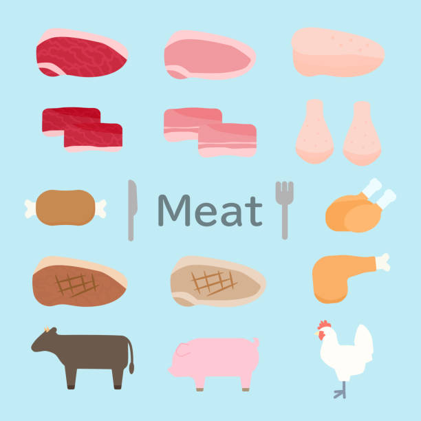 ilustraciones, imágenes clip art, dibujos animados e iconos de stock de ilustración de carne de res, cerdo y pollo - roast chicken illustrations