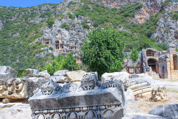 Ancient tombs by Lycians in Fethiye, archeology and travel concept