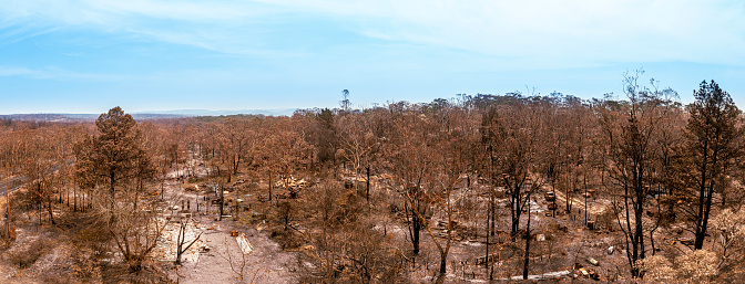 Aerial view of Australian bush fire destruction with a burnt home & property. Colo, NSW 2020 bush fires - Blue Mountains