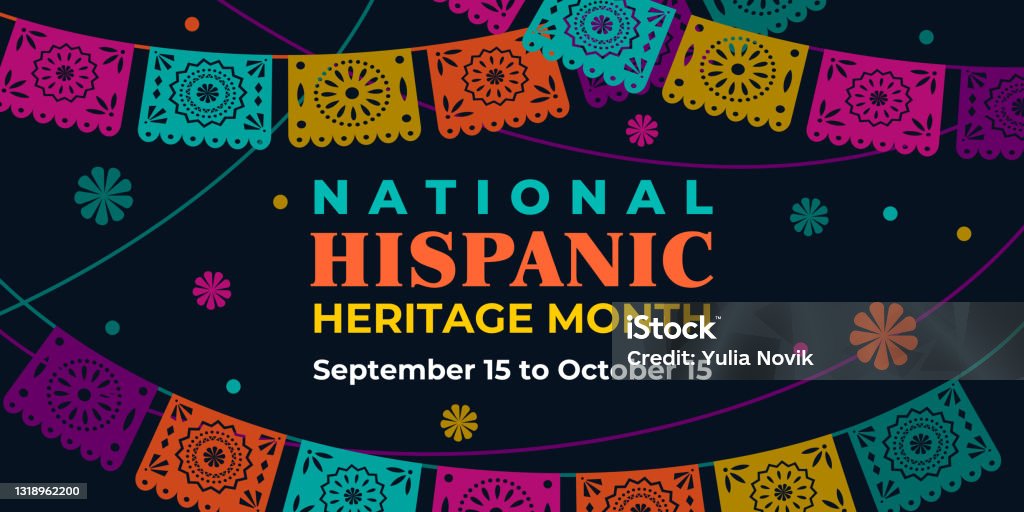 Hispanic heritage month. Vector web banner, poster, card for social media, networks. Greeting with national Hispanic heritage month text, Papel Picado pattern, perforated paper on black background. Hispanic heritage month. Vector web banner, poster, card for social media, networks. Greeting with national Hispanic heritage month text, Papel Picado pattern, perforated paper on black background National Hispanic Heritage Month stock vector