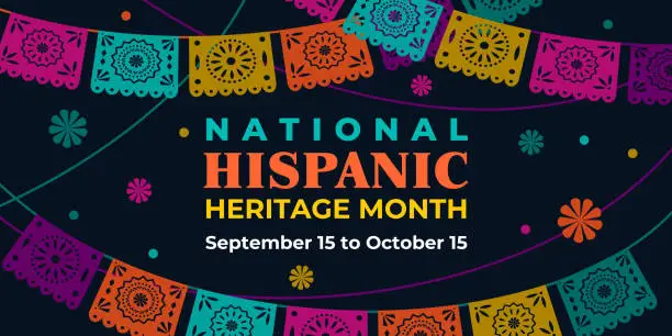 Vector illustration of Hispanic heritage month. Vector web banner, poster, card for social media, networks. Greeting with national Hispanic heritage month text, Papel Picado pattern, perforated paper on black background.