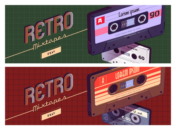 Retro mixtapes cartoon banner, audio player Retro mixtapes cartoon banner, audio record player online or mobile application with mix tapes cassettes. Disco, multimedia playing, service for listening music, Vector web header record analog audio stock illustrations